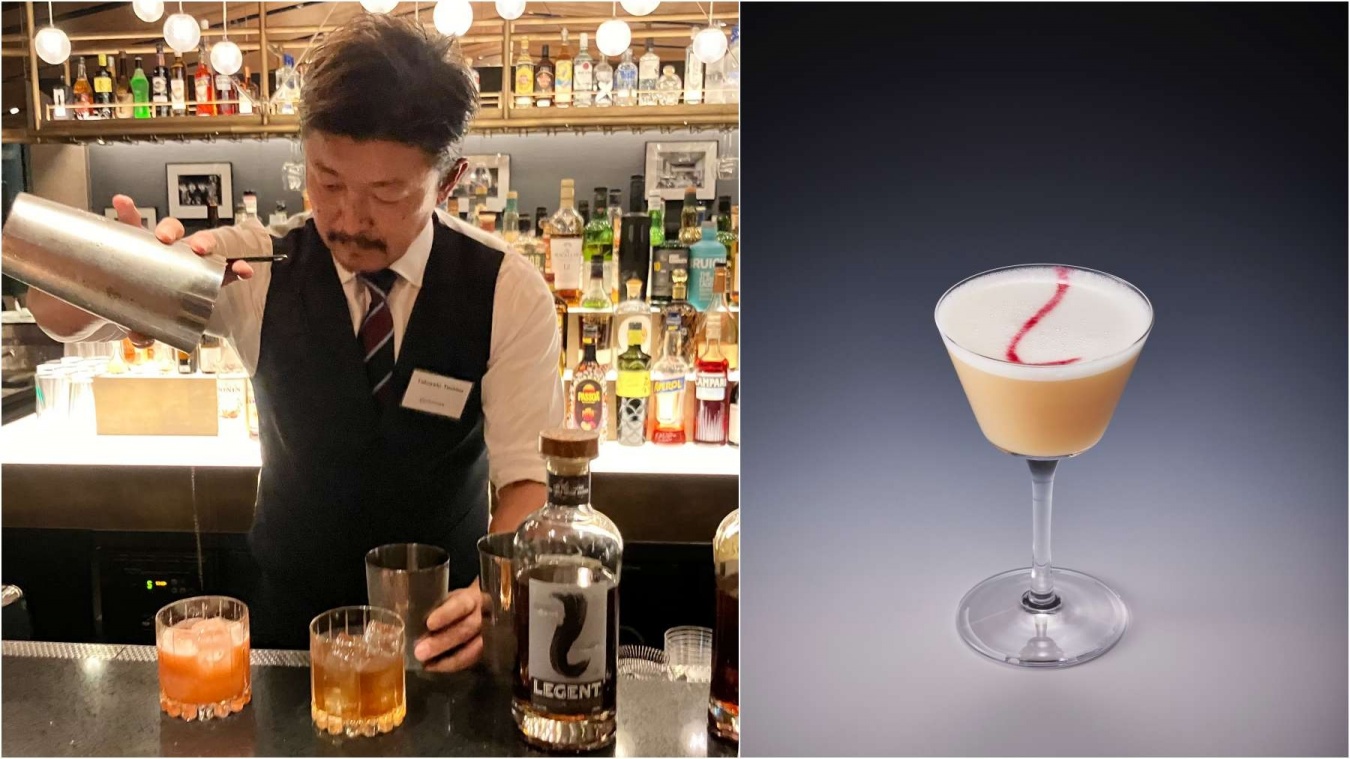 LEGENTのプロモーション会場でプレゼンテーションを行う吉田さんと、開発したカクテル。